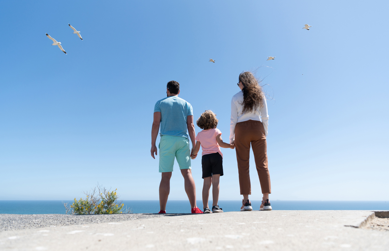 family of 3 looking in future holding hands in summer back view